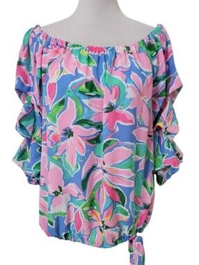 CeCe Off-Shoulder Floral Blouse in Pink and Blue